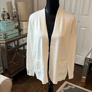 Lovely White Cardigan with Silver Buttons on Cuffs - Fine Gauge Details M NWT